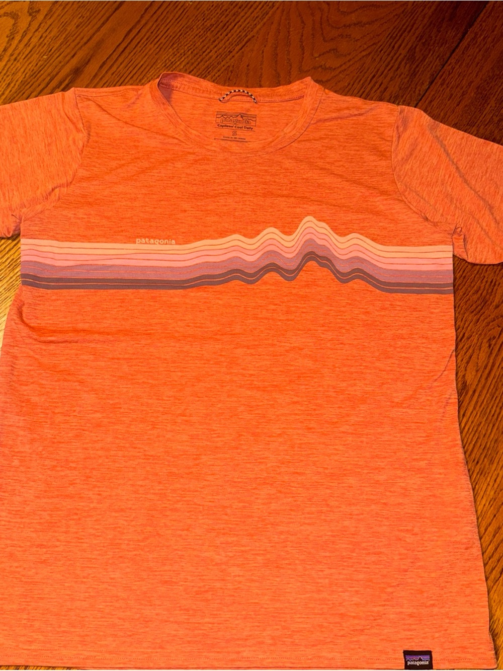 Patagonia Short-Sleeve Crewneck Tee in Coral with Multi-Stripe Graphic